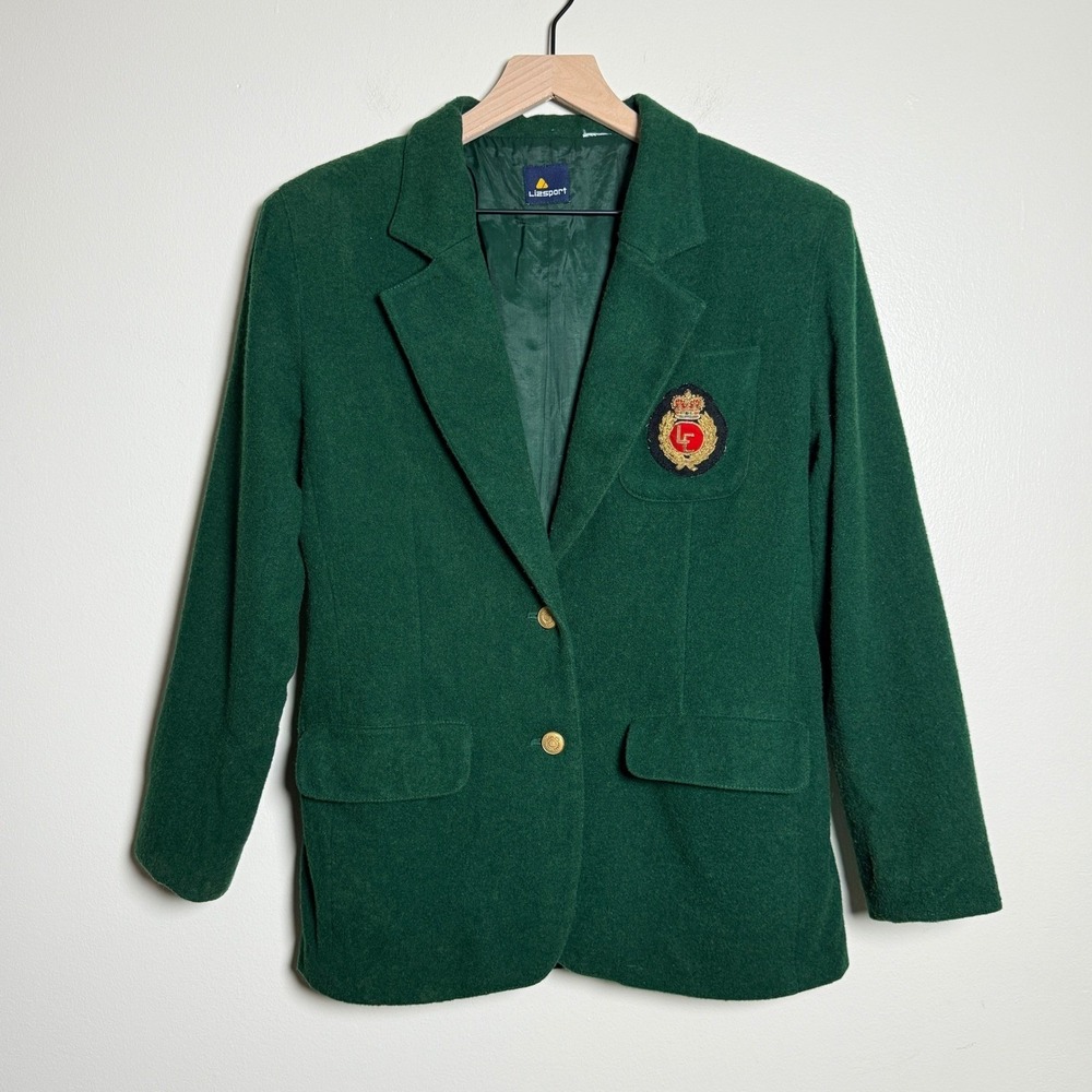 Lizsport Womens Forest Green Wool Blend‎ Crest Blazer Gold Buttons Size 4